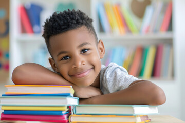 Back to school. Little boy sitting at table with a stacks of books, looking at camera. Library or classroom blurred background. Portrait of joyful child during education. Funny kid like to read book