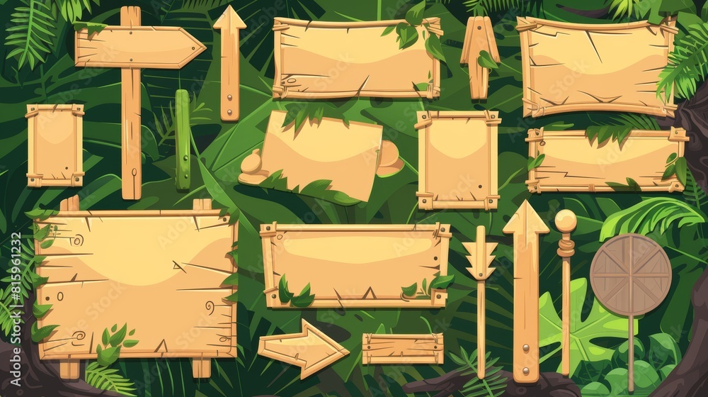 Poster modern illustration of a wooden pointer bamboo game frame. direction arrow sign board on a stick set