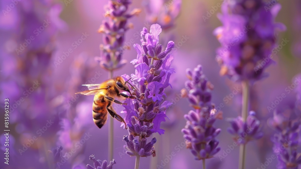 Poster macro shot of a bee collecting nectar from a blooming lavender plant, framed against a backdrop of p