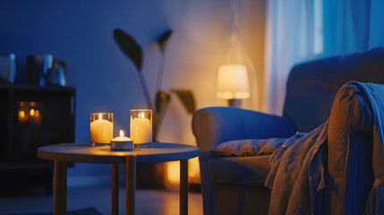 Interior of living room with armchair and house candle holders on table near blue wall : Generative AI