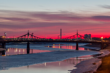Panoramic view on Volga River during in March during sunset