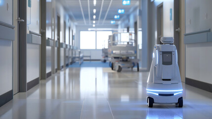 Obraz premium Autonomous Medical Delivery Robot Navigating Hospital Corridor