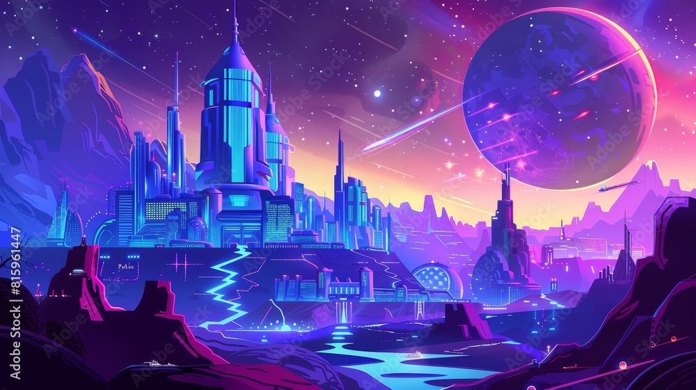 Poster a space station is built on the surface of a planet. a futuristic spaceship is parked on the surface