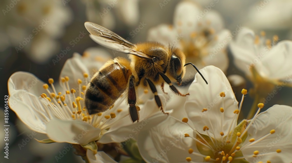 Poster macro shot of a honeybee collecting nectar from a delicate blossom, highlighting the intricate beaut