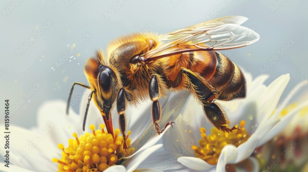 Poster Macro shot of a honeybee collecting nectar from a delicate blossom, highlighting the intricate beauty of pollination.