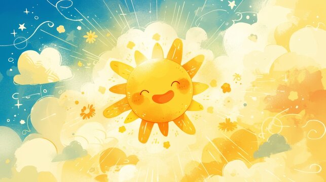 Cheerful Get Well Soon Card with Smiling Sun and Clouds Illustration