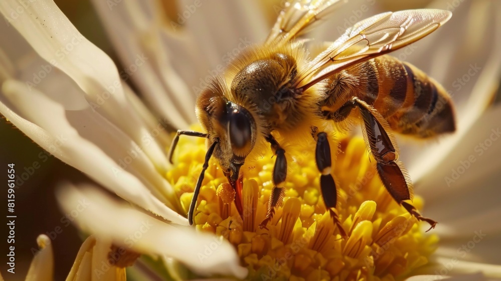 Poster Macro shot of a honeybee collecting nectar from a delicate blossom, highlighting the intricate beauty of pollination.