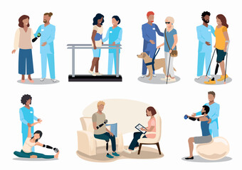 Obraz premium Patients undergo rehabilitation with a physiotherapist after prosthetics, spinal injuries and vision loss. Psychological assistance, adaptation and recovery after limb prosthetics. Set of flat vector