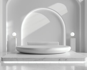 Sleek, modern product podium on a clean white background, ideal for showcasing electronics or luxury goods, with ample copy space for branding