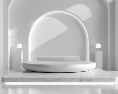 Sleek, modern product podium on a clean white background, ideal for showcasing electronics or luxury goods, with ample copy space for branding