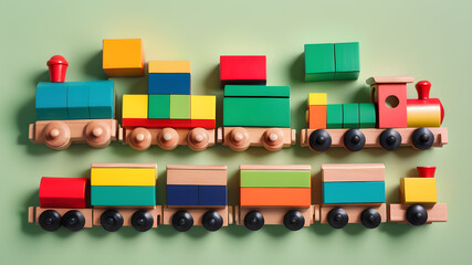 Fototapeta premium Wooden toy train with colorful blocks on light green background, Generative AI