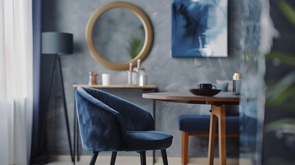 Chair at table in modern grey apartment interior with navy blue armchair painting and mirror : Generative AI