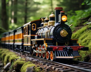 A small black steam locomotive pulling a line of passenger cars through a lush green forest.