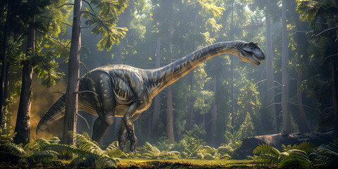 Brachiosaurus in deep green forest background , Majestic Dinosaur Roaming in Misty Prehistoric Forest