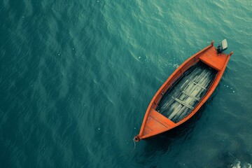 Aerial view of a single orange boat floating on calm blue-green water, evoking serenity