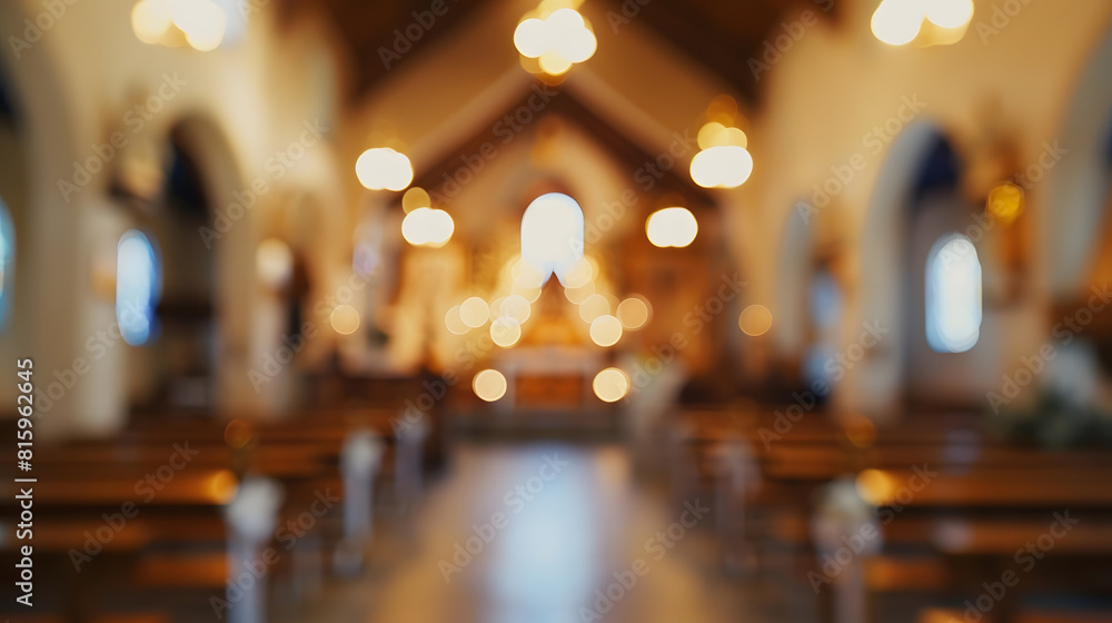 Poster abstract blur and defocused interior of church for bokeh background : generative ai