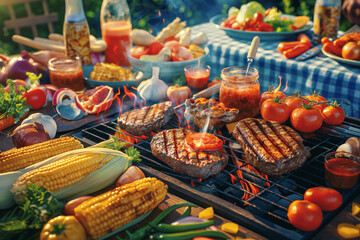 Assorted delicious grilled meat with vegetables over the coals on a barbecue.