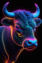 Neon glowing bull animal isolated on dark background, phantasmal iridescent, psychic waves created with generative technology