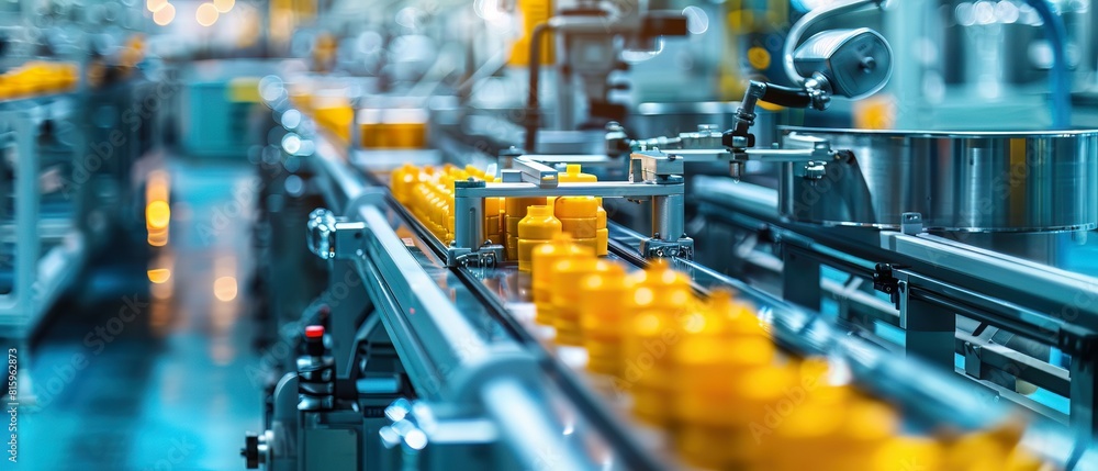 Poster a macro shot of an automated food packaging line, emphasizing speed and hygiene in consumer goods pr