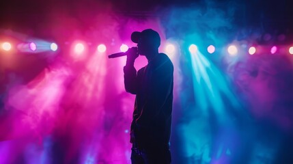 dynamic rap concert with silhouetted rapper performing on neonlit stage hip hop night club