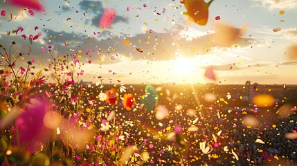 summer solstice festival with sun-shaped balloons, golden sunlight effects, and flower petal confetti