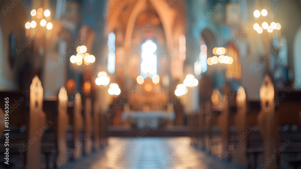 Poster abstract blur and defocused interior of church for bokeh background : generative ai