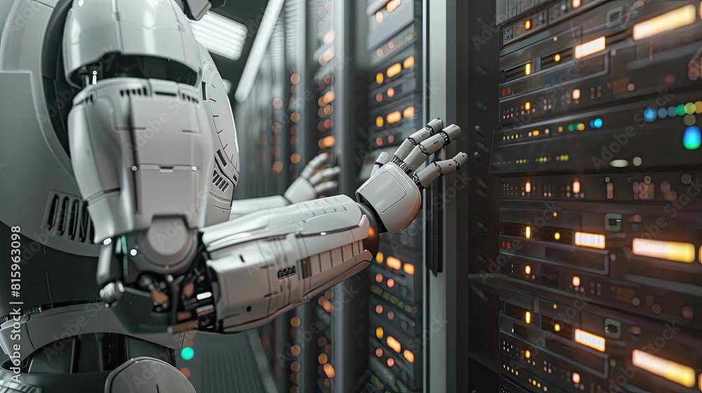 Poster high speed server blades being installed by a robot, automation in technology, futuristic setting