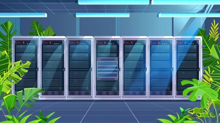 energy efficient high speed servers in a green data center, surrounded by plants and solar panels