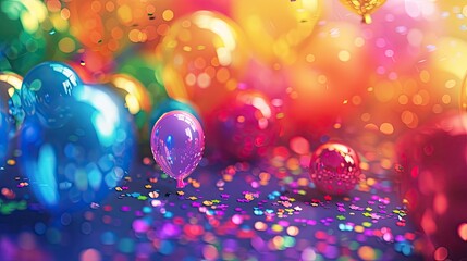 festive birthday party background with rainbow confetti and multicolored balloons, joyful and playful