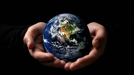 earth in hands on black background environmental protection and sustainability concept illustration