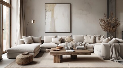 An elegant and modern living room with a large beige sofa, a wooden coffee table