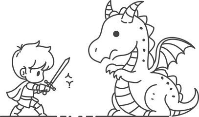 The prince wields his sword against the dragon with determination - Coloring page for children. Hand drawing vector illustration in black outline on a white background.