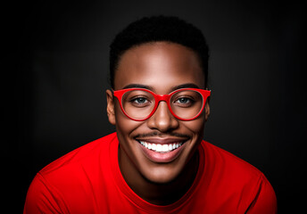 Obraz premium African American man wearing red glasses and a red shirt smiles at the camera.