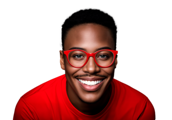 African American man wearing red glasses and a red shirt smiles at the camera on transparent png background.