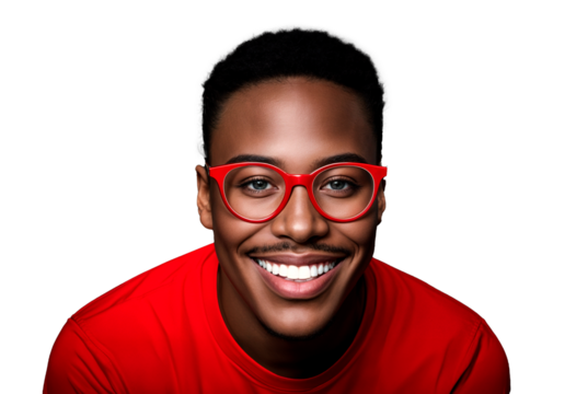 African American man wearing red glasses and a red shirt smiles at the camera on transparent png background. 