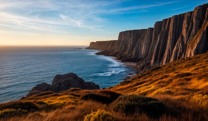 A grassy cliffside overlooking a body of water. The sun is setting in the background, casting a warm orange glow on the scene.