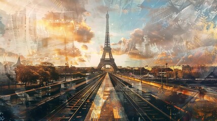 eiffel tower and railway track paris landmark travel destination ai generated artwork