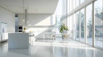 Fototapeta premium trendy modern interior design of a large studio in white and beige colors with large floortoceiling windows area of white kitchen with an island and a recreation area : Generative AI