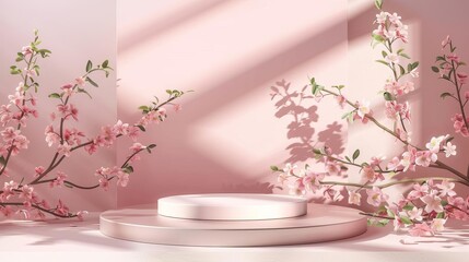 elegant 3d podium display with spring flowers and pink background beauty product mockup scene