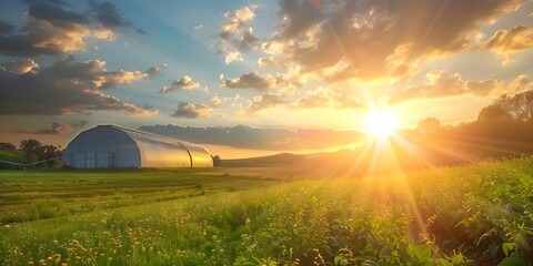 Rural biogas plant at sunset converts waste into sustainable bioenergy. Concept Rural Biogas Plant, Sunset, Waste Conversion, Sustainable Bioenergy