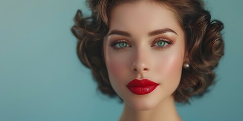 Fototapeta premium Captivating Retro Inspired Beauty Portrait of Elegant Brunette Woman with Curled Hair and Bold Red Lips