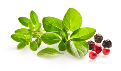 Fresh mix herbs with peppers on white background