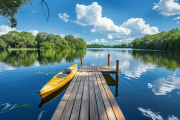 A lake scene, with wooden docks stretching out over calm waters and kayaks and paddle-boards gliding along the surface.