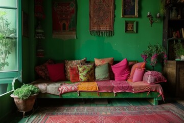 Charming boho-inspired nook featuring colorful pillows, exotic decorations, and greenery