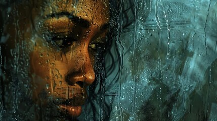 emotional downpour sad african american woman gazing through rainstreaked window melancholy mood digital painting