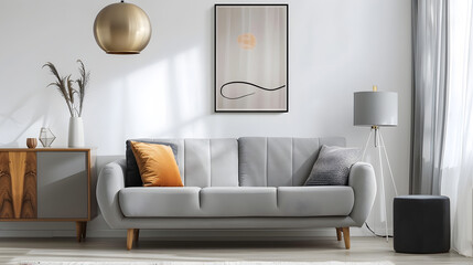Pillows on grey couch next to lamp on cabinet in elegant living room interior with poster Real photo : Generative AI