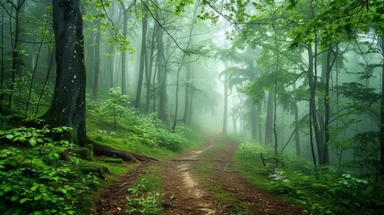 Fototapeta premium enchanted forest path through misty green woodland atmospheric fairy tale landscape