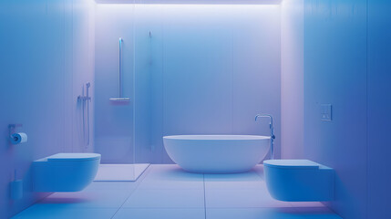 Modern bathroom interior with minimalistic shower and lighting white toilet sink and bathtub : Generative AI