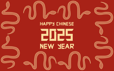 2025 New Year horizontal banner design with golden snake Frame and Typography text in trendy Geometrical style. Festive 2025 greeting background. Vector for web and social media.