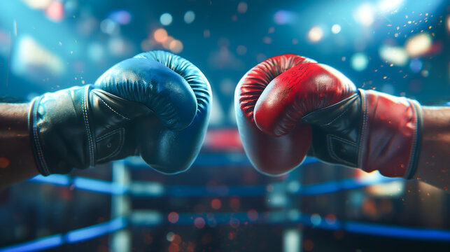 Boxing with red and blue gloves, Boxers touching boxing gloves before fight, boxing ring on background, Sport and game competition concept
